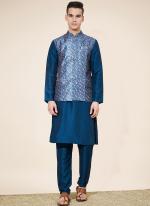 Pure Silk Blue Wedding Wear Printed Readymade Modi Jacket Kurta Pajama